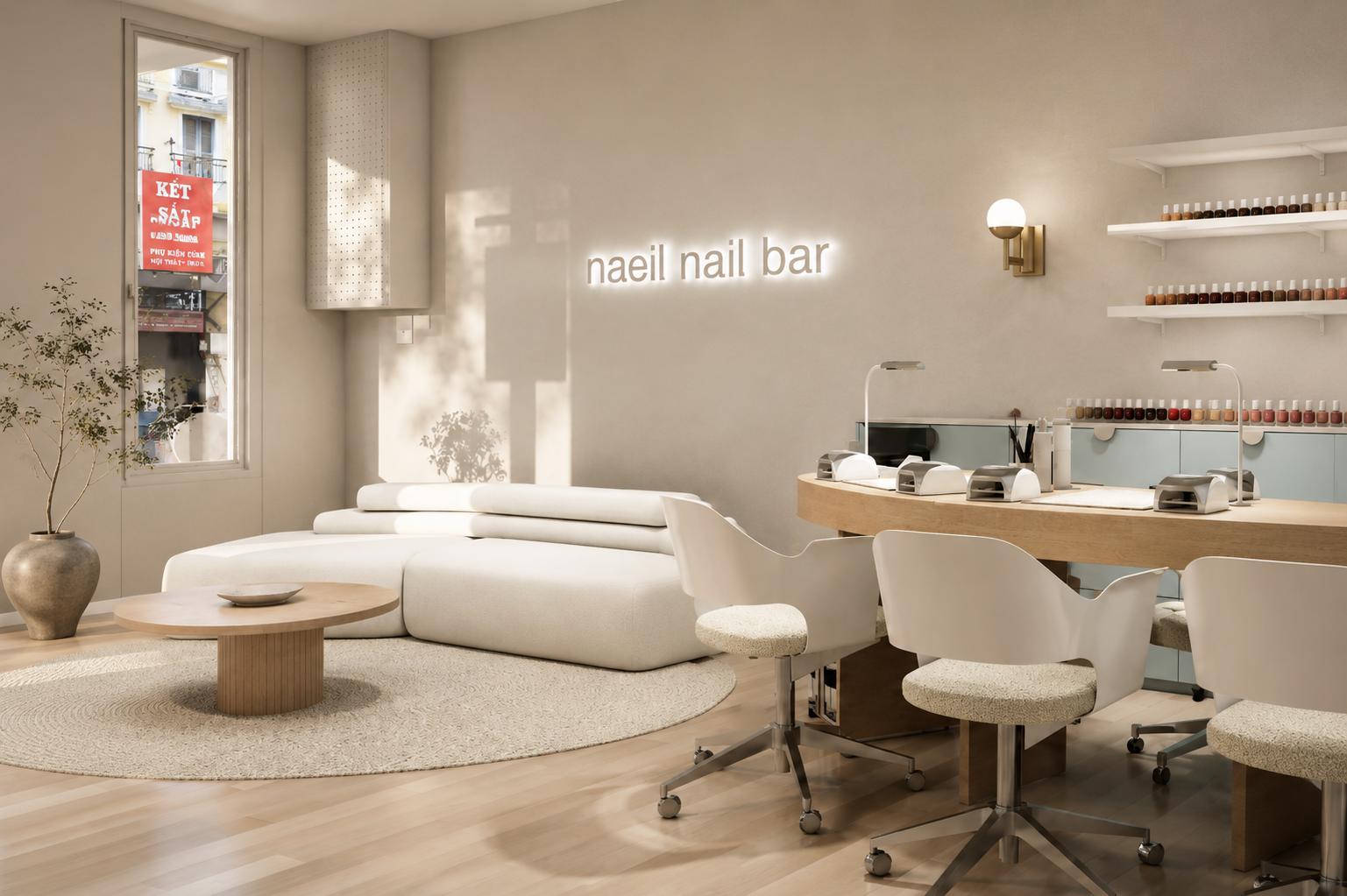 Minimal lounge seating area bathed in natural light