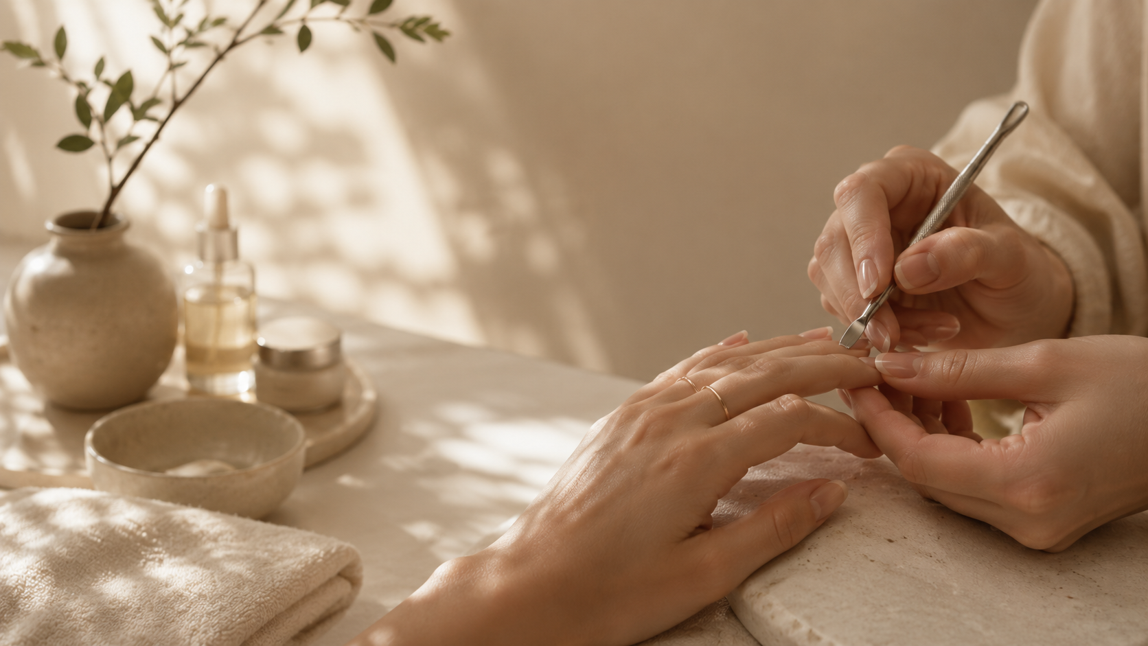 Close-up of a natural manicure in warm light